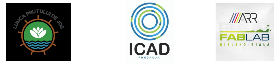 Logotypy Fundacji Lunca Prutului de Jos, Fundacji ICAD i FabLab Bielsko-Biała